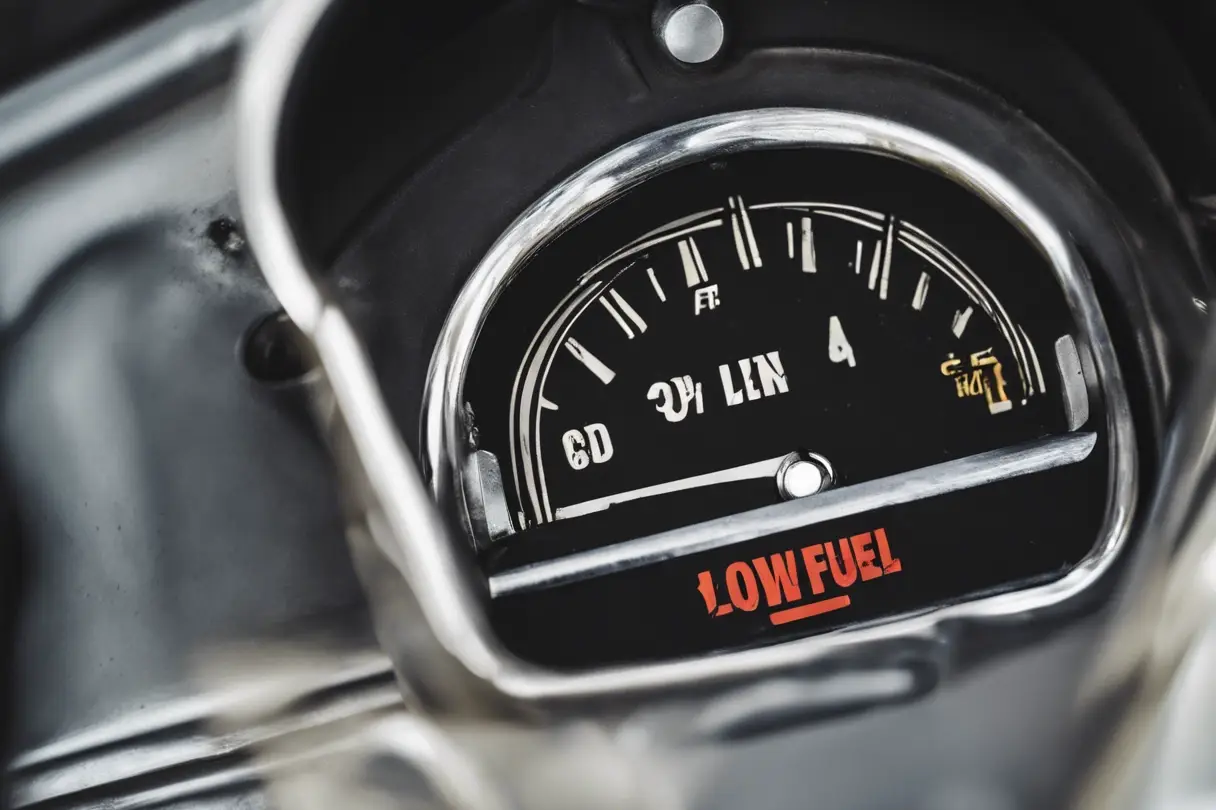 Grey and black gauge with low fuel letters in red.