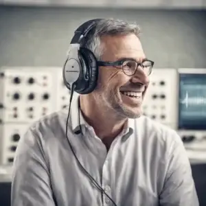 Smiling gentleman wearing head phone for a hearing test.