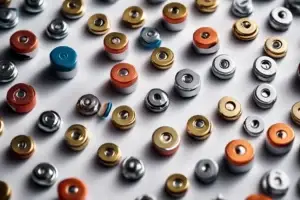 Table filled with colored hearing aid batteries.