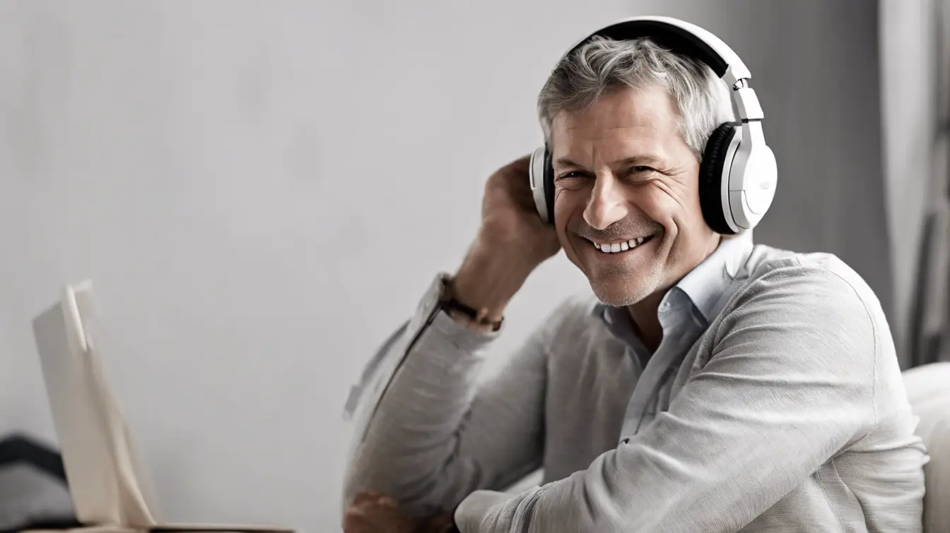 Man at desk smiling while listening to music wearing headphones.