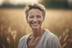 Woman with ear infection smiling once healed.