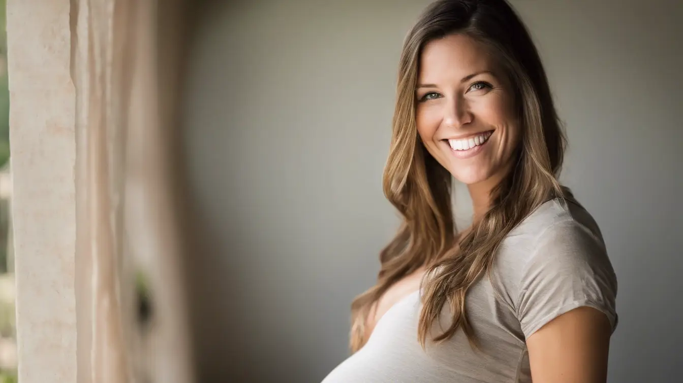 Pregnant woman smiling standing up.