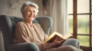 Woman smiling in chair sitting down reading a book.