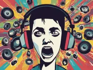 Graphic of man wearing headphones with mouth open.
