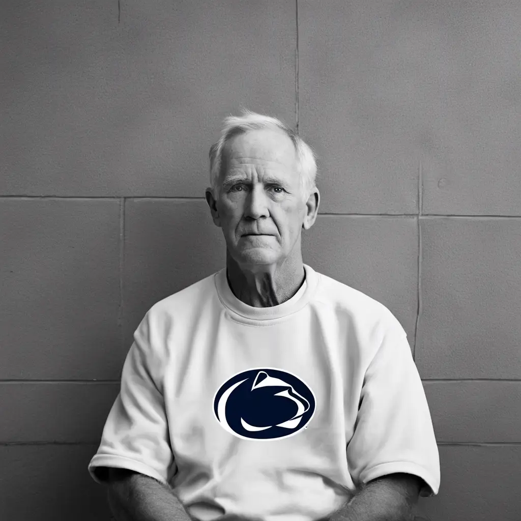 Man sitting with white Penn State University logo on t-shirt