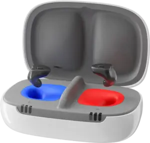 White rechargeable hearing aid case with left insert in blue and right insert in red.