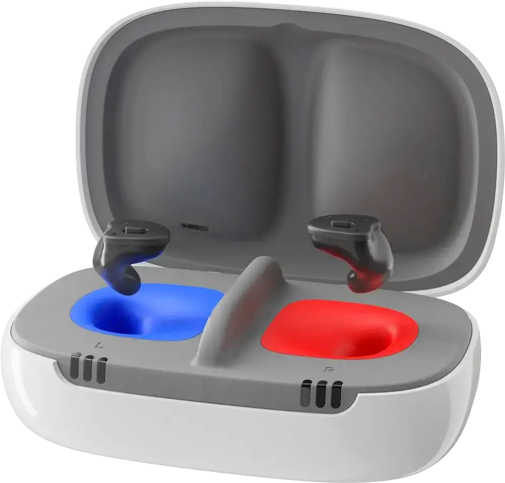 White rechargeable hearing aid case with left insert in blue and right insert in red.