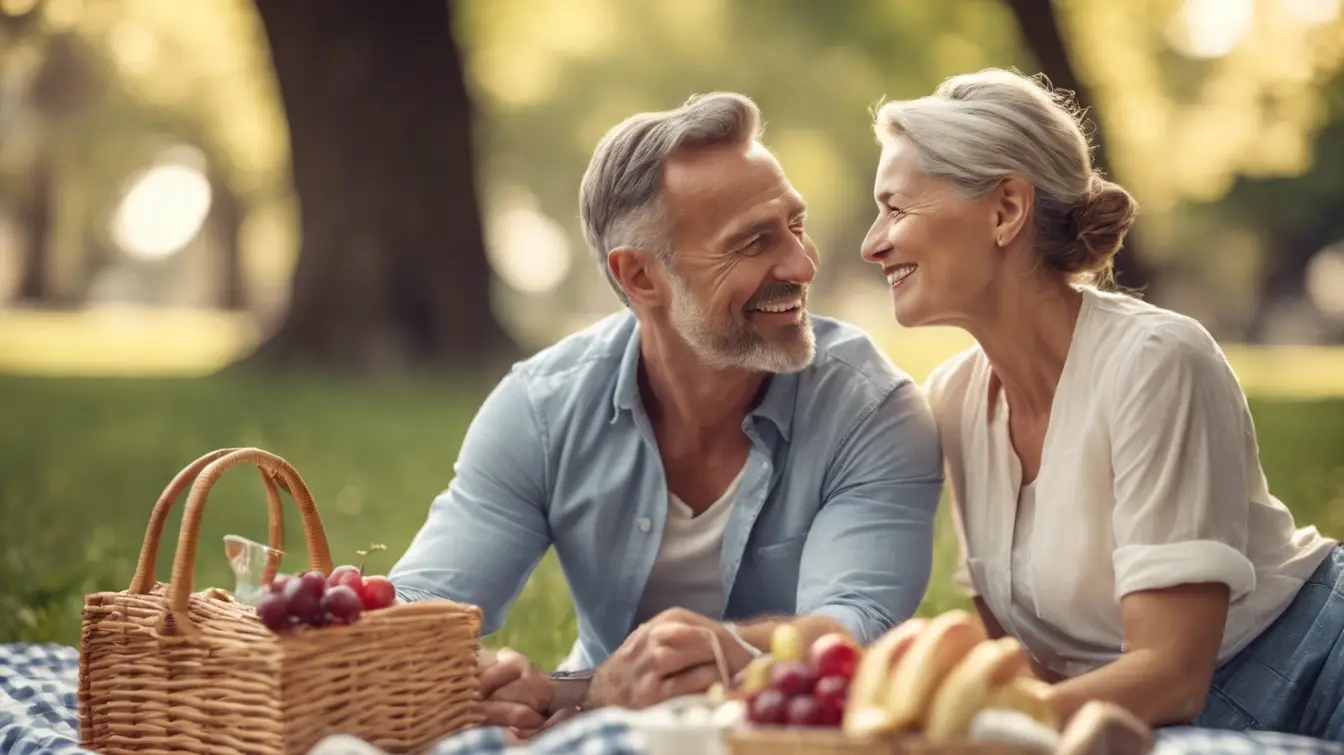 Cut adult couple having a picnic lunch in a park eating fruit.