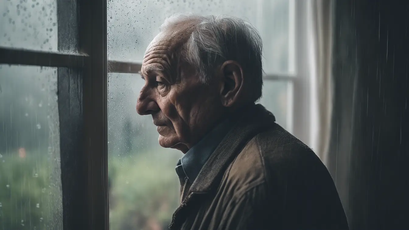 Older male looking out window on a rainy day looking sad