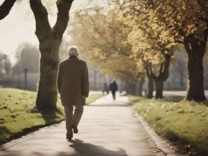 Older male walking steadily along a tree-lined pathway in the fall, wearing a coat, with autumn leaves scattered around.