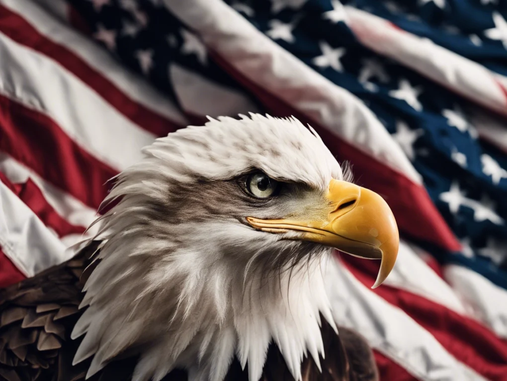 Eagle with American flag in the background