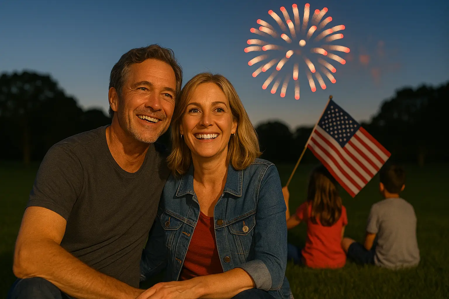 Middle-aged couple smiling and watching fireworks with their children and grandchildren at a park on the Fourth of July, celebrating Independence Day together with Pure Sound Hearing Aids.