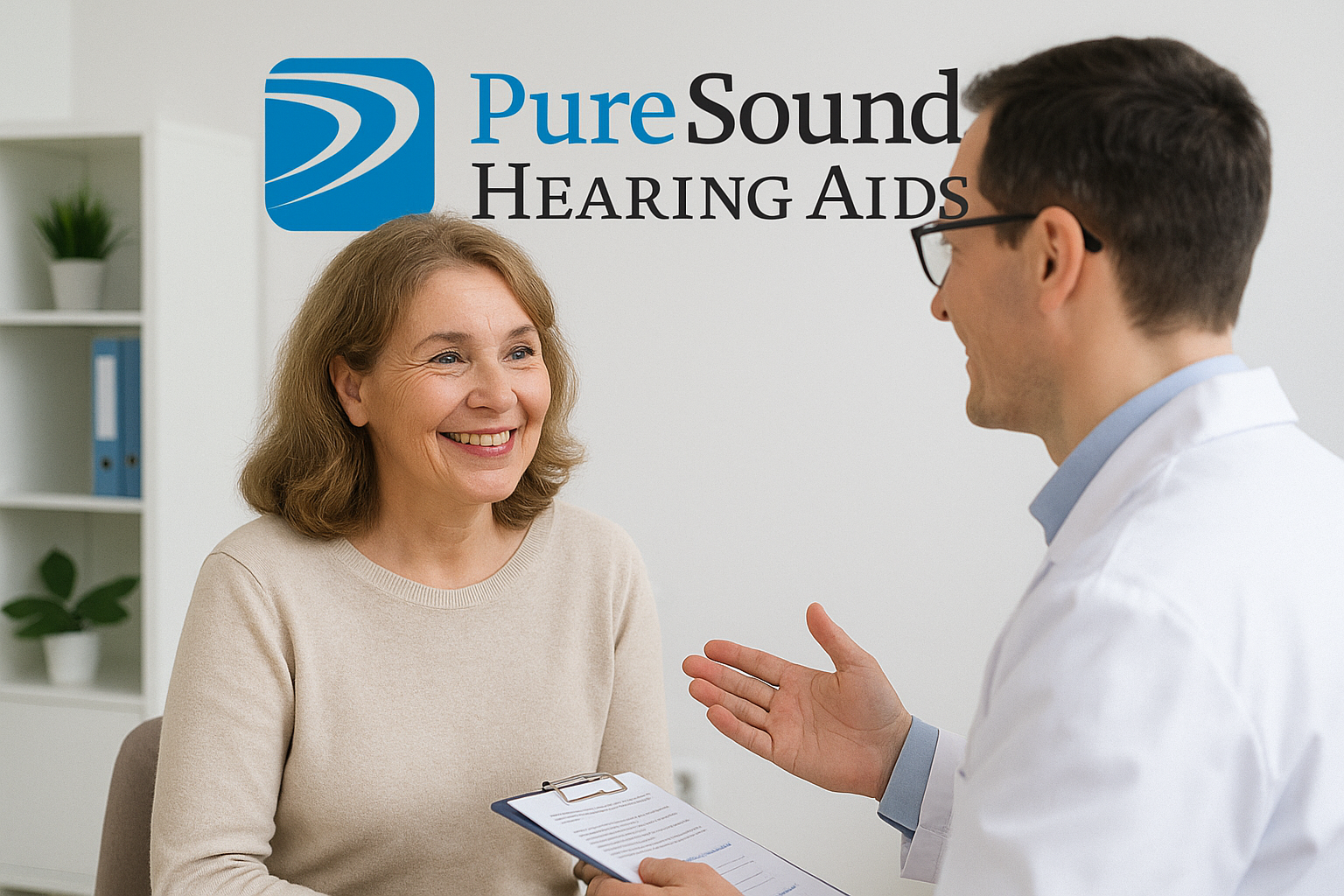 Older woman speaking with a hearing care specialist at Pure Sound Hearing Aids – prioritizing hearing health with trusted local care