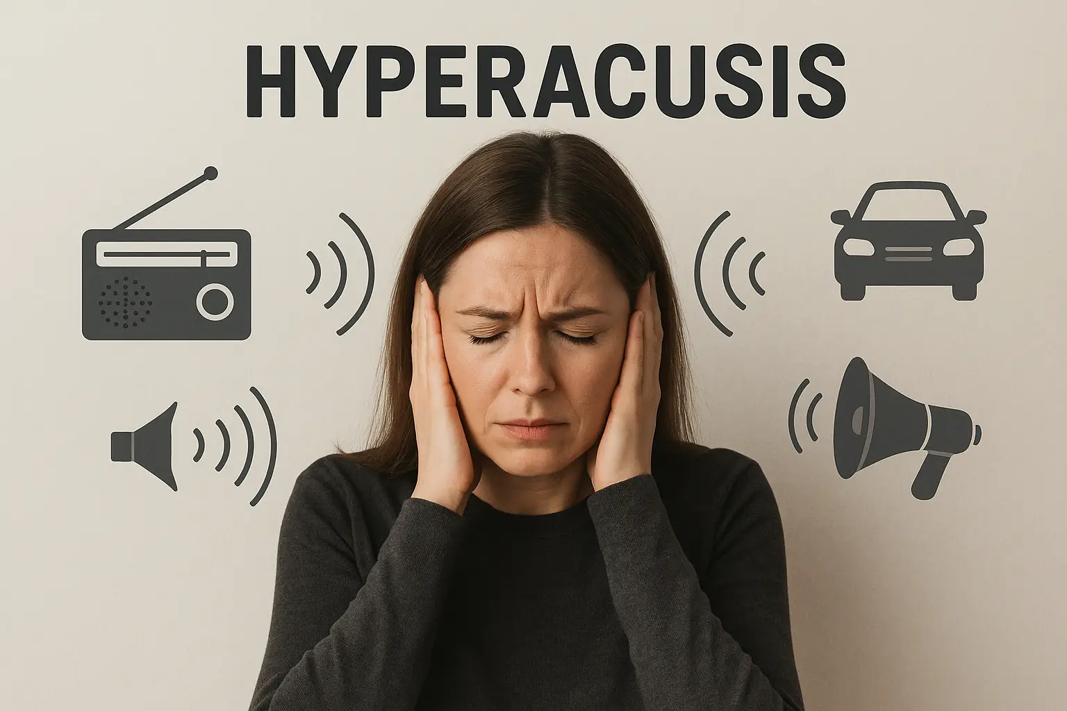 Middle-aged woman experiencing hyperacusis, wincing and holding her ears as loud sound waves move toward her – Pure Sound Hearing Aids can help with sound sensitivity treatment.