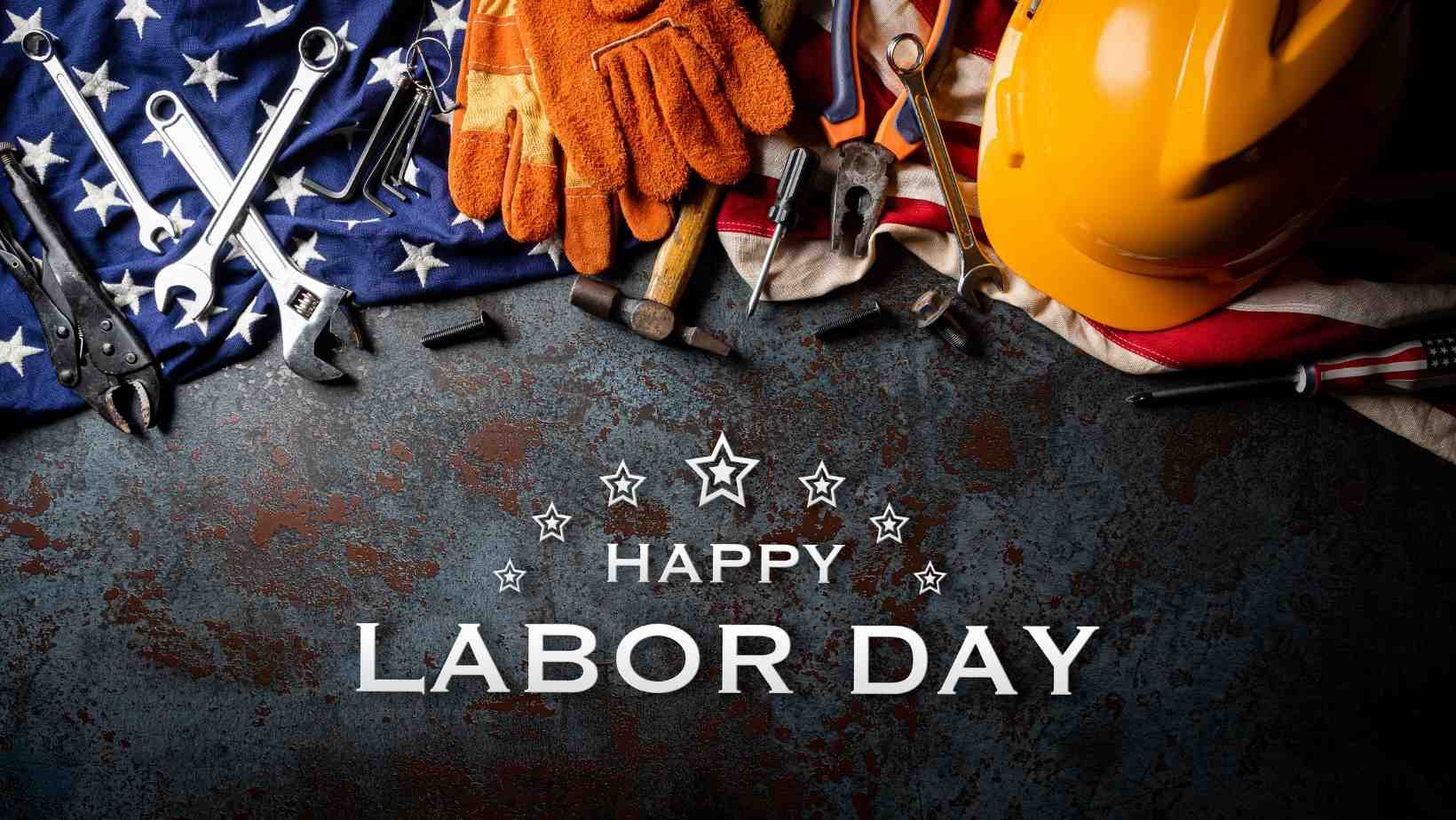 Labor Day tools, hard hat, gloves, and American flag honoring workers – Happy Labor Day celebration