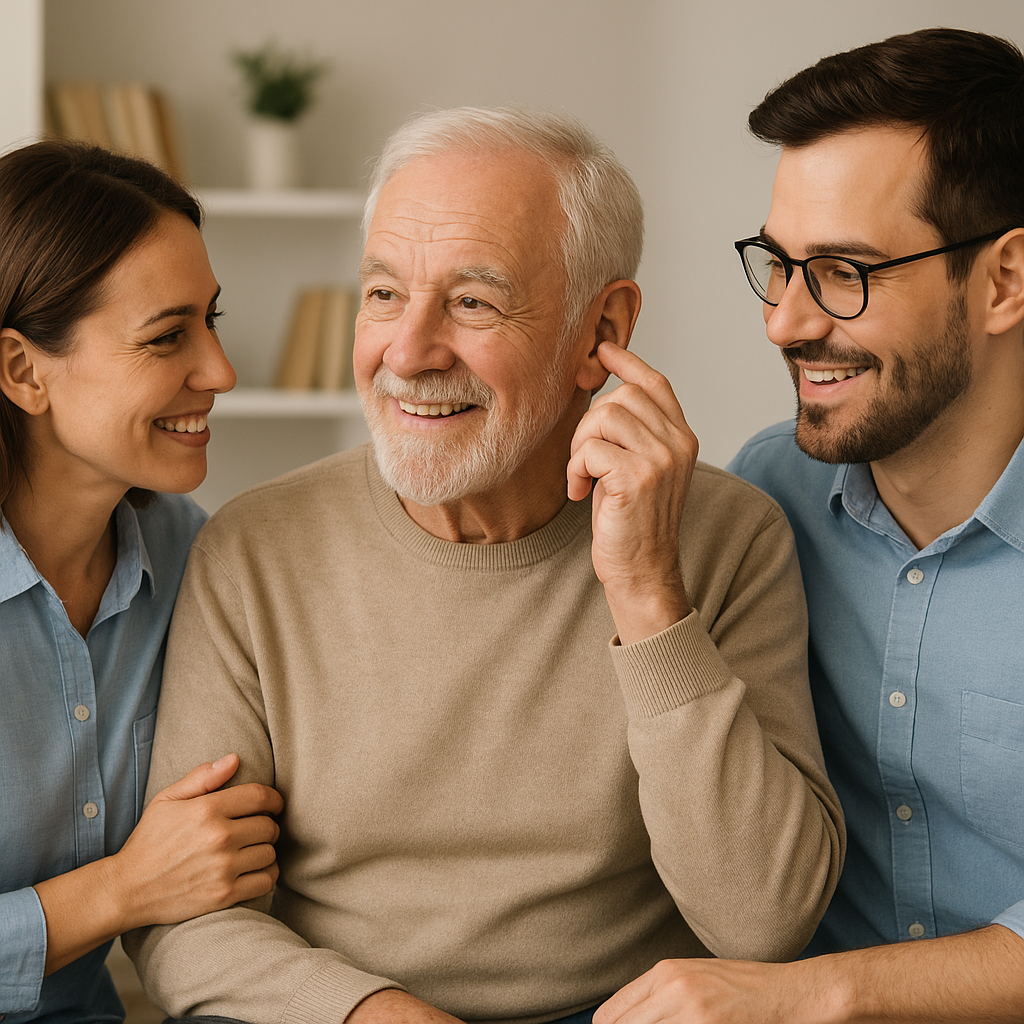 Older man with hearing aid smiling while spending time with family, showing how hearing care supports communication and brain health – Pure Sound Hearing Aids