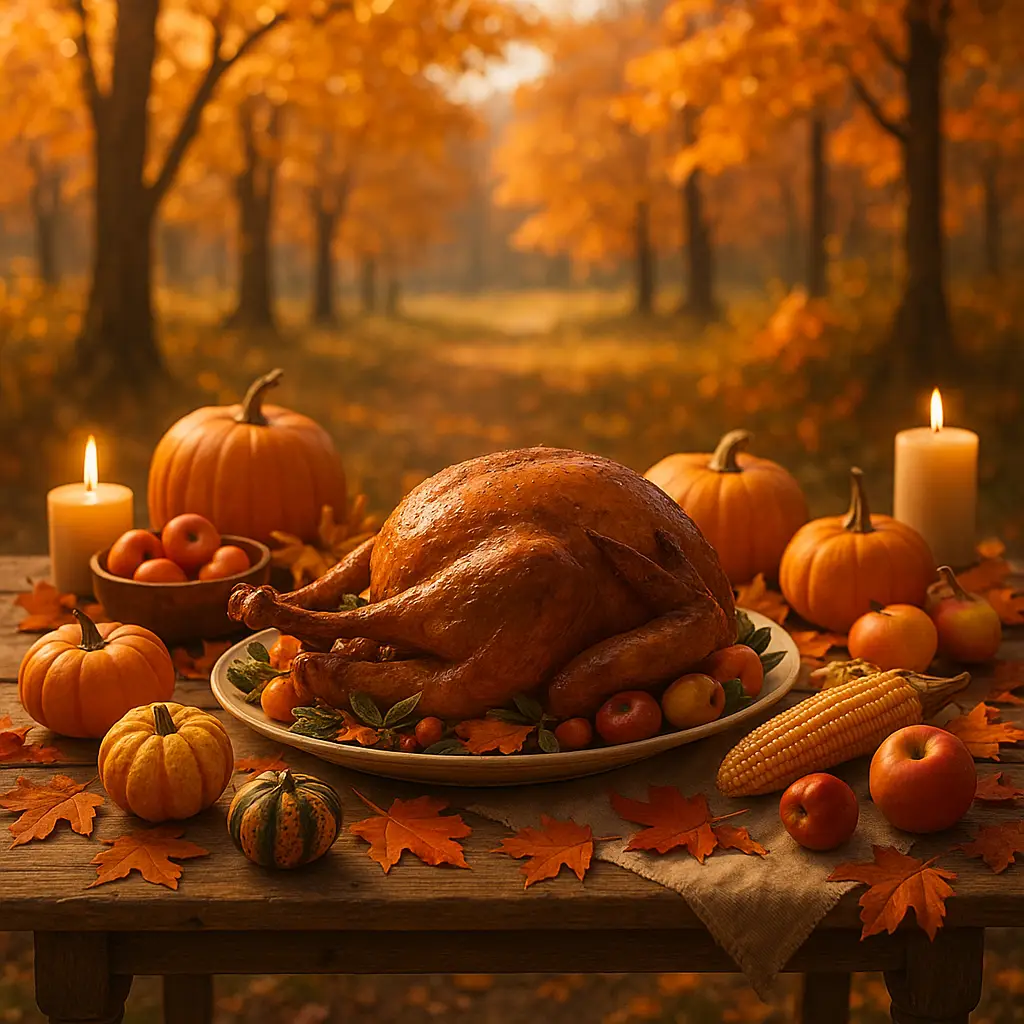 Cinematic outdoor Thanksgiving feast on a rustic table with roasted turkey, pumpkins, gourds, apples, corn, and orange autumn leaves