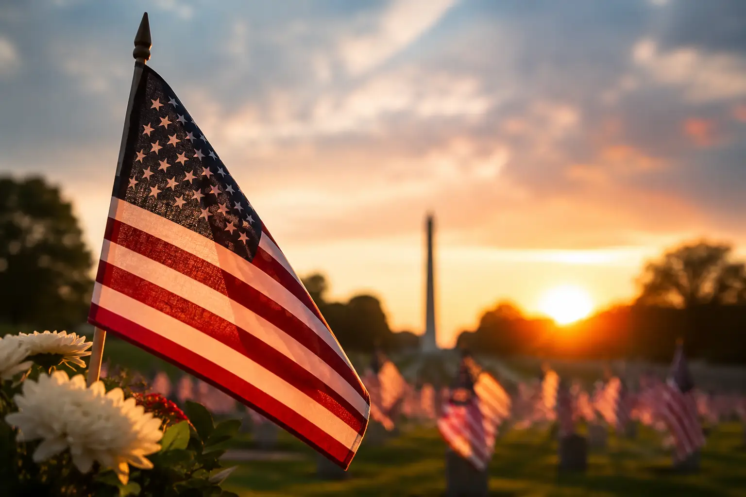 American flags displayed in a memorial field during sunset with a patriotic atmosphere.
