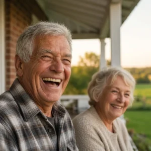 Laughing older couple sitting together on a brick farmhouse porch with green fields behind them at sunset