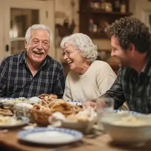 Older couple laughing with a younger man at a family dinner table filled with bread, bowls, and plates