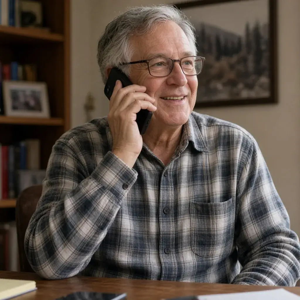 Older man in glasses and a plaid flannel shirt smiling while talking on a phone in a cozy home office