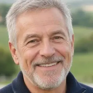 Smiling older man with a gray beard in a navy sweater by a white farm fence