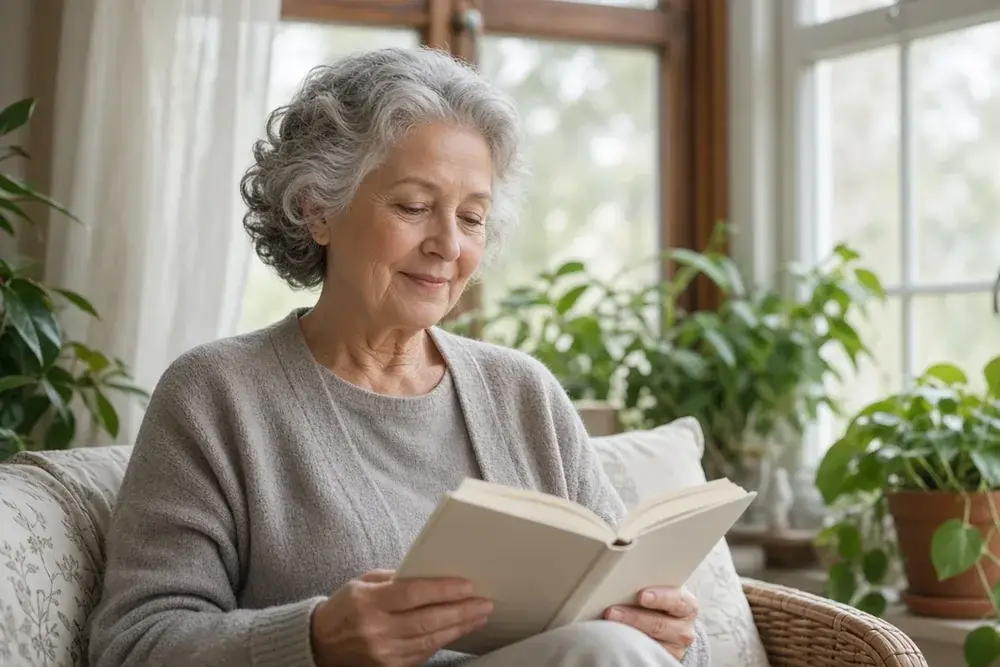 Older woman with silver hair reading a book in a wicker chair in a bright sunroom