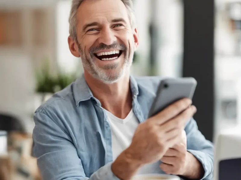 Man with beard holding cell phone smiling in blue shirt