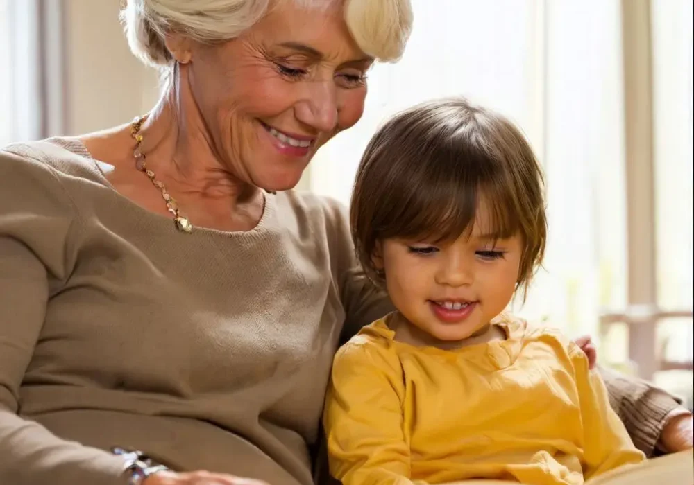 Grandmother enjoying hearing and reading a book to small child in yellow shirt