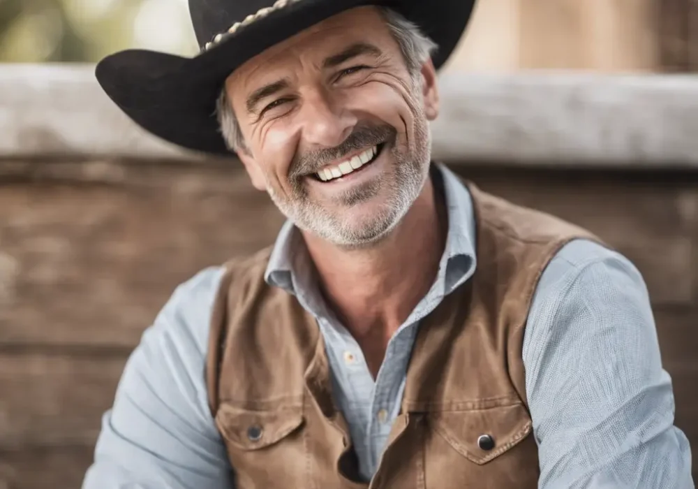 Older cowboy wearing brown hat smiling.