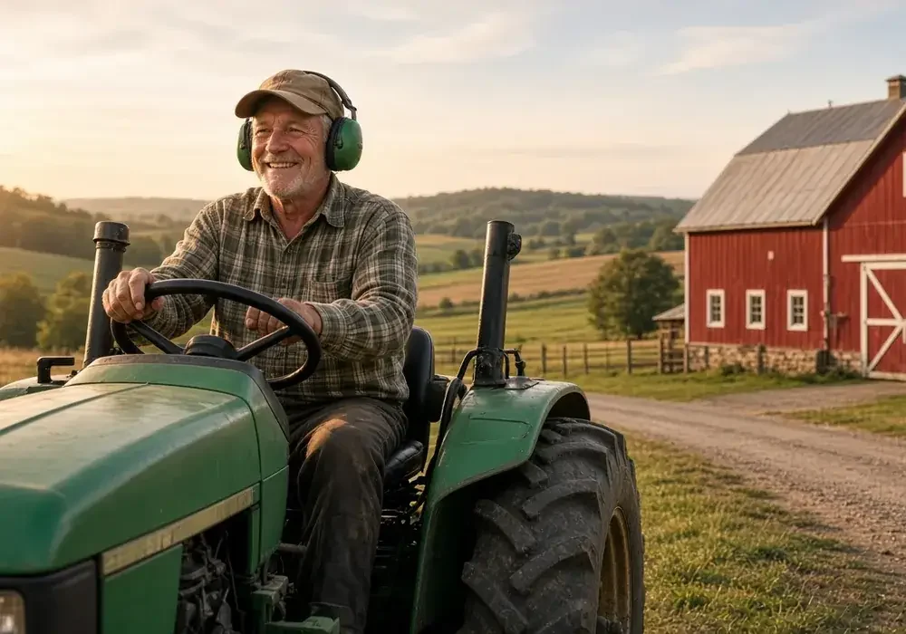 Smiling farmer in earmuffs driving a green tractor past a red barn at golden hour