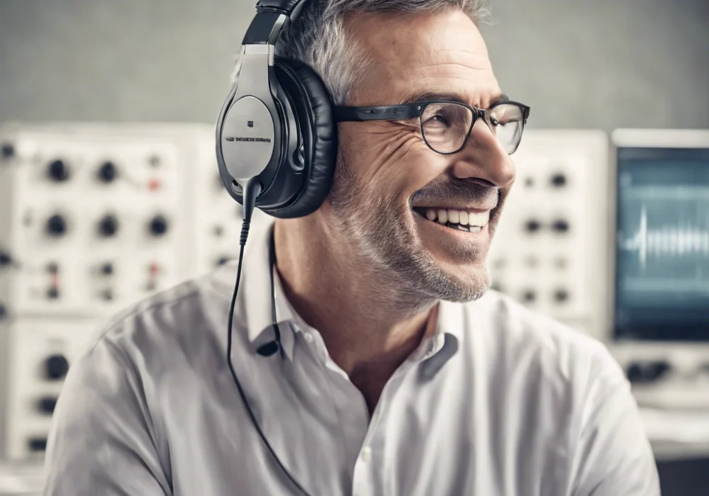 Smiling gentleman wearing head phone for a hearing test.