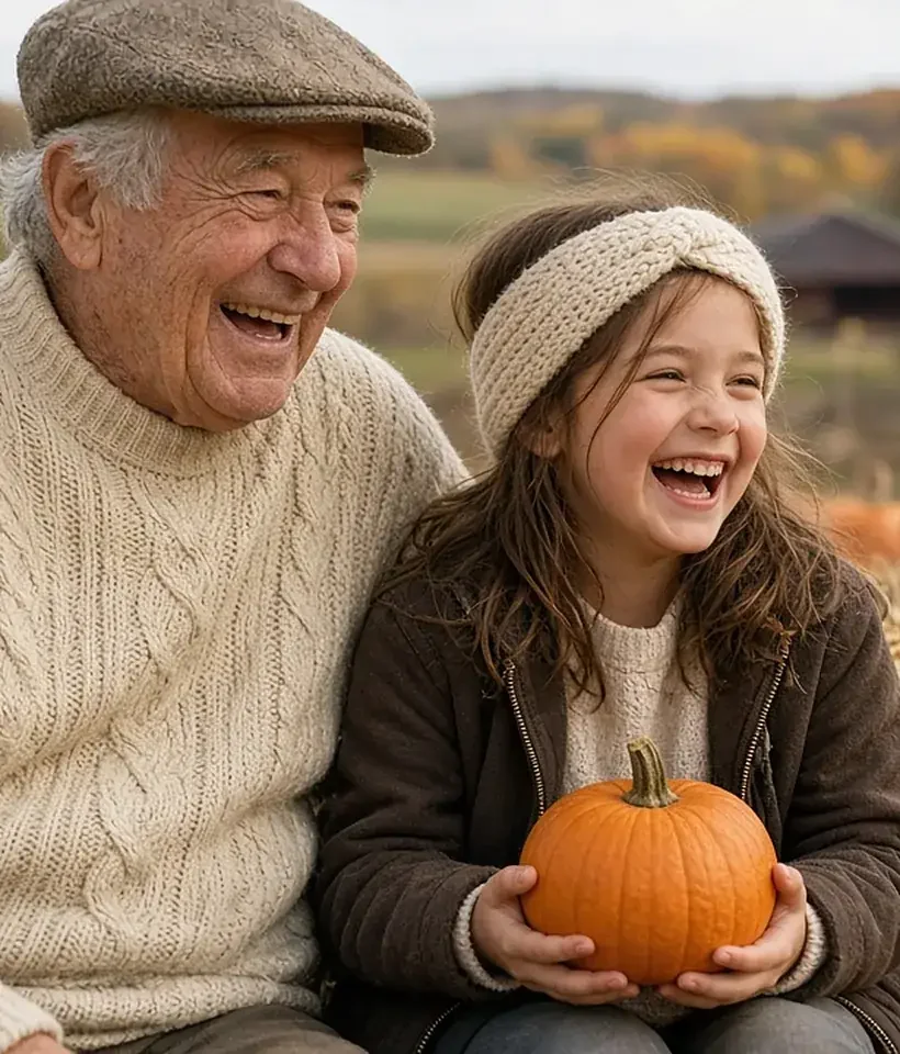 Grandfather and young granddaughter laughing together on hay bales at a pumpkin patch