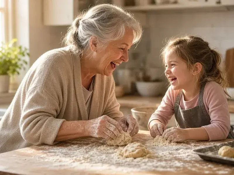 Grandmother and young granddaughter laughing while shaping cookie dough on a floured kitchen counter