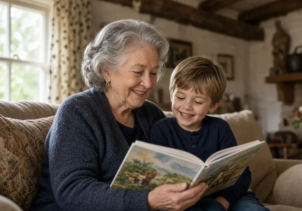 Grandmother and young grandson smiling together on a sofa while reading a picture book in a cozy living room