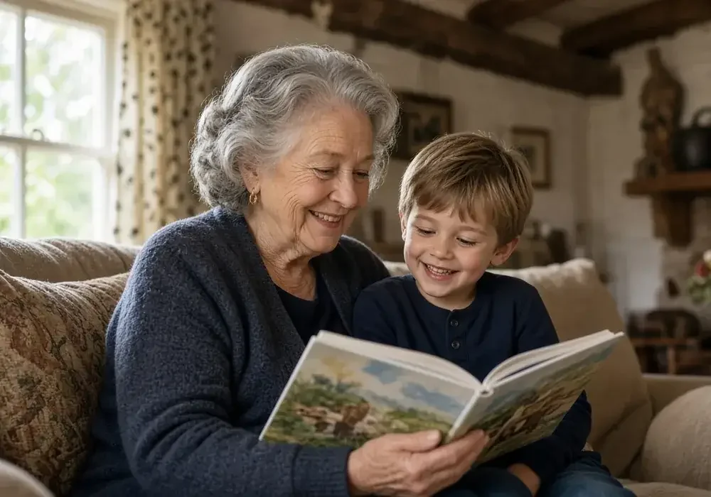Grandmother and young grandson smiling together on a sofa while reading a picture book in a cozy living room