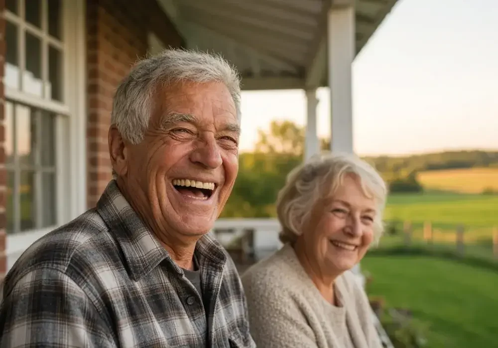 Smiling older man and woman seated side by side on a farmhouse porch, fields and evening sky in the background