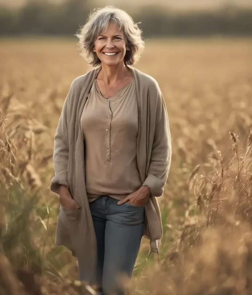 Middle aged woman standing in a field with a beautiful smile.