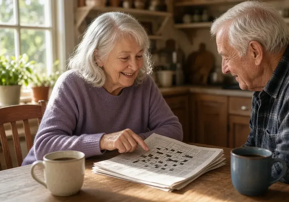 Older couple smiling over a crossword puzzle and coffee mugs at a wooden kitchen table