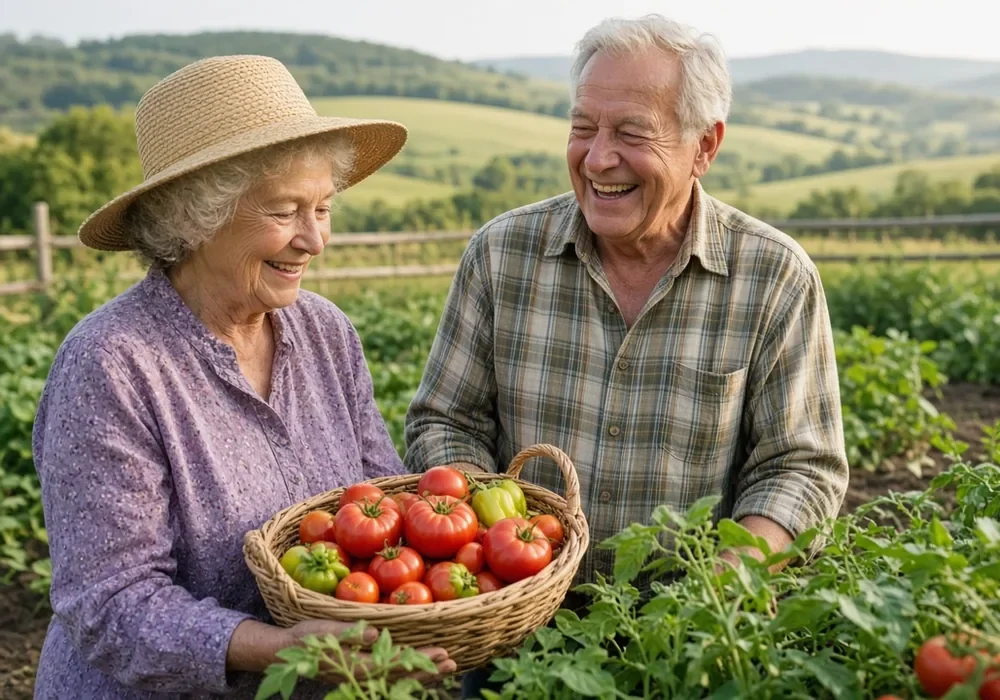 Smiling older couple holding a basket of ripe tomatoes in a vegetable garden with rolling farmland behind them