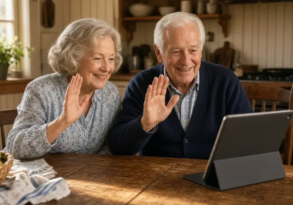Older couple waving at a tablet during a video call at their kitchen table
