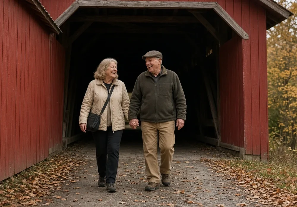 Smiling older couple walking hand in hand from a red covered bridge on an autumn path