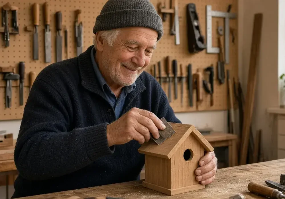 Older man in a navy sweater sanding a wooden birdhouse at a workbench in a sunlit shop