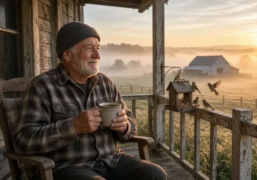 Older man with a white beard on a porch holding a mug as birds gather at a feeder at sunrise