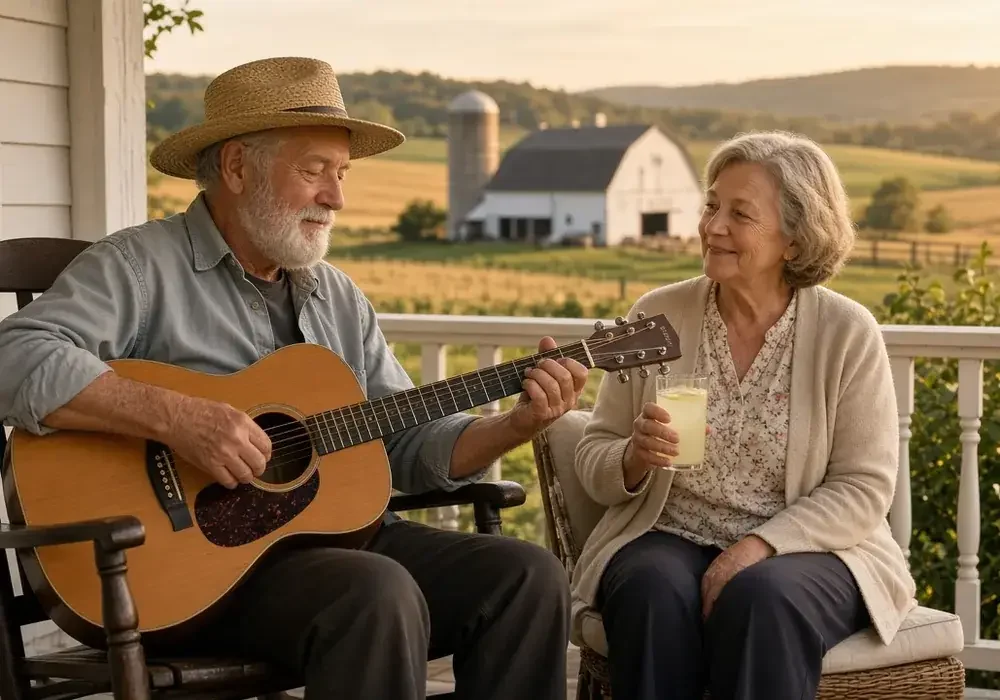 Older man playing acoustic guitar on a porch while his wife listens with a glass of lemonade