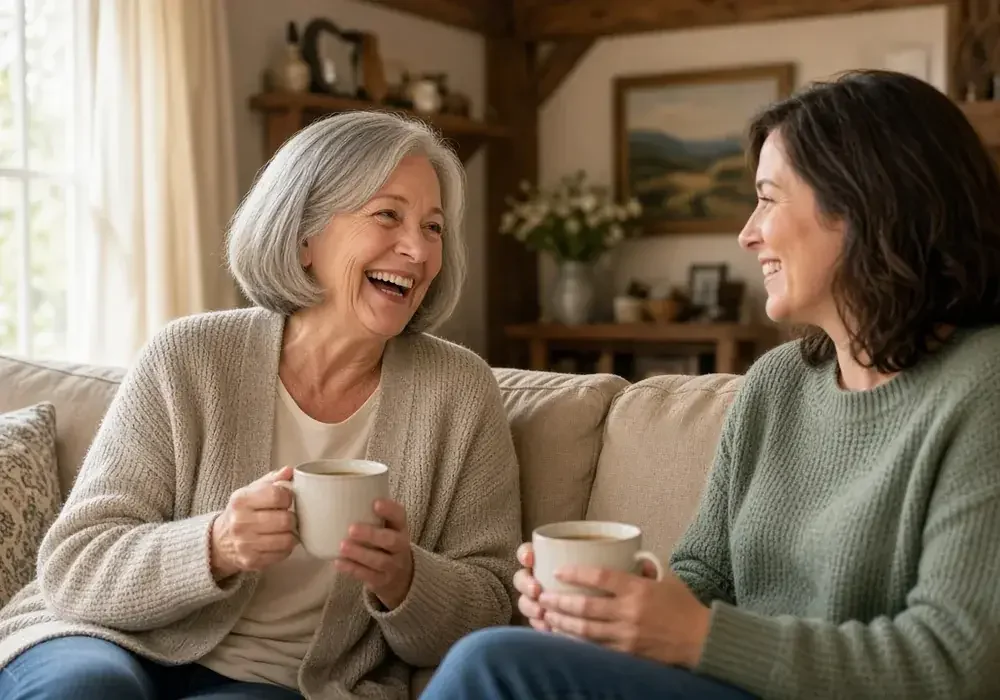 Older woman and adult daughter laughing together on a sofa with mugs in a bright living room