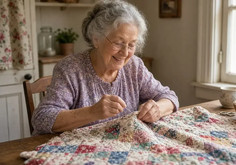 Older woman with glasses stitching a colorful patchwork quilt by a sunny window