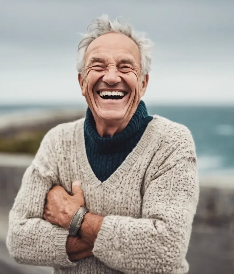 Gentleman smiling by the ocean enjoy his hearing aids.