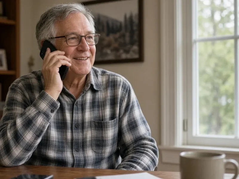 Smiling older man in glasses and a plaid shirt talking on a phone at his desk, bookshelf and window behind him
