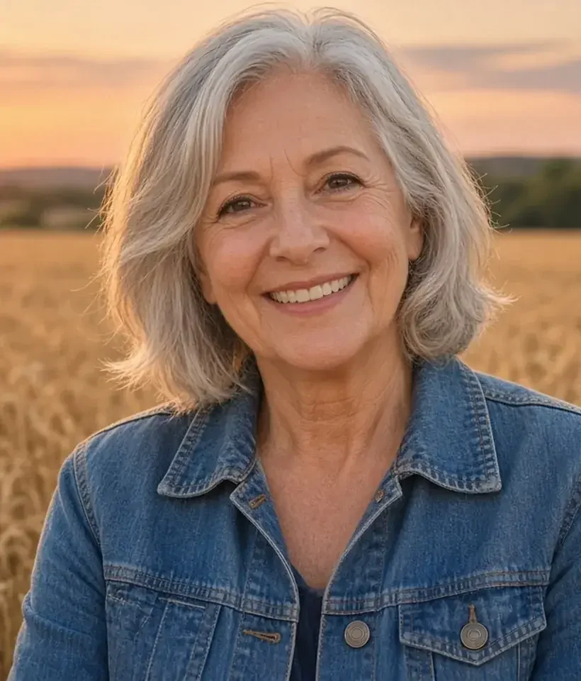 Smiling older woman with silver hair in a denim jacket standing in a golden wheat field at sunset